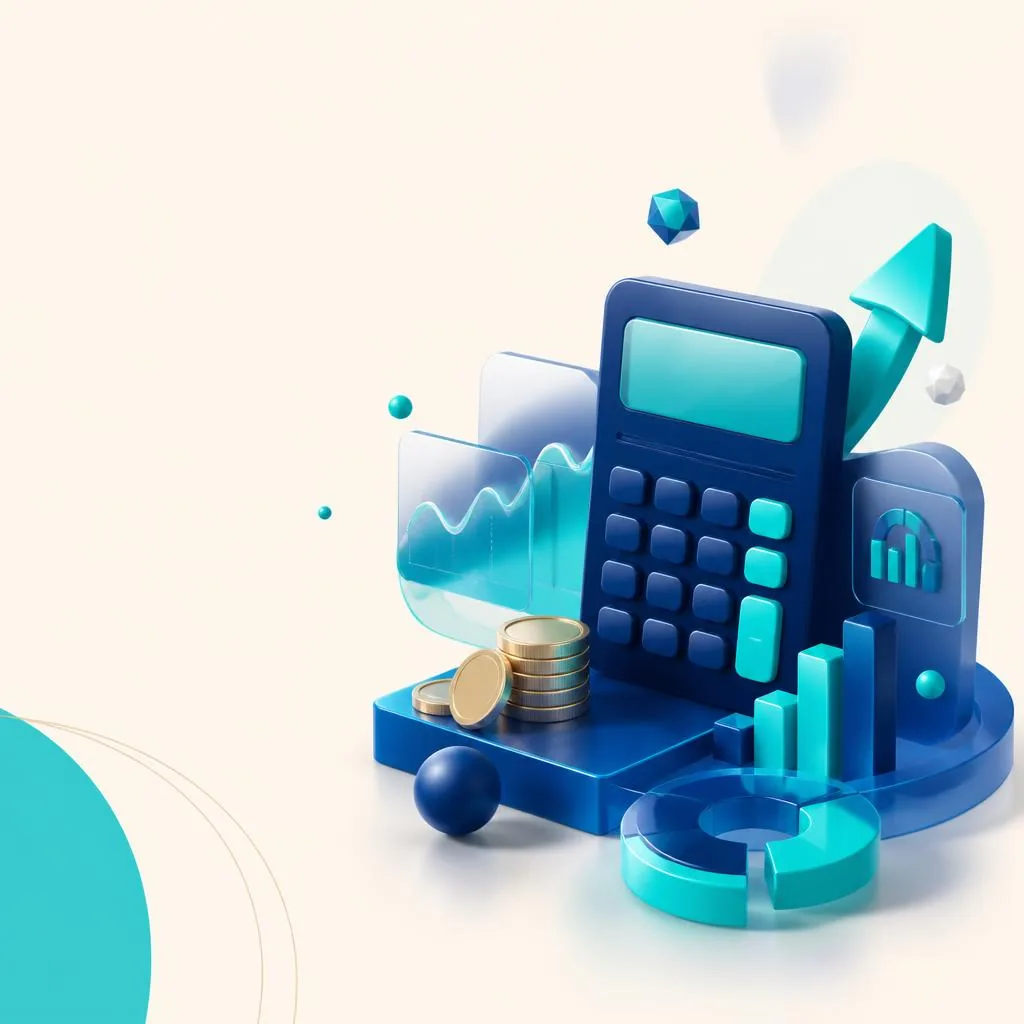 Ilustracja: duży kalkulator na podeście, obok słupki wykresu, stosik monet i rakieta lecąca w górę — symbol liczenia domowych finansów.